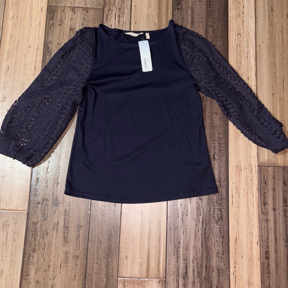 Soft Surroundings Midnight Blue Crochet Sleeve Blouse NWT